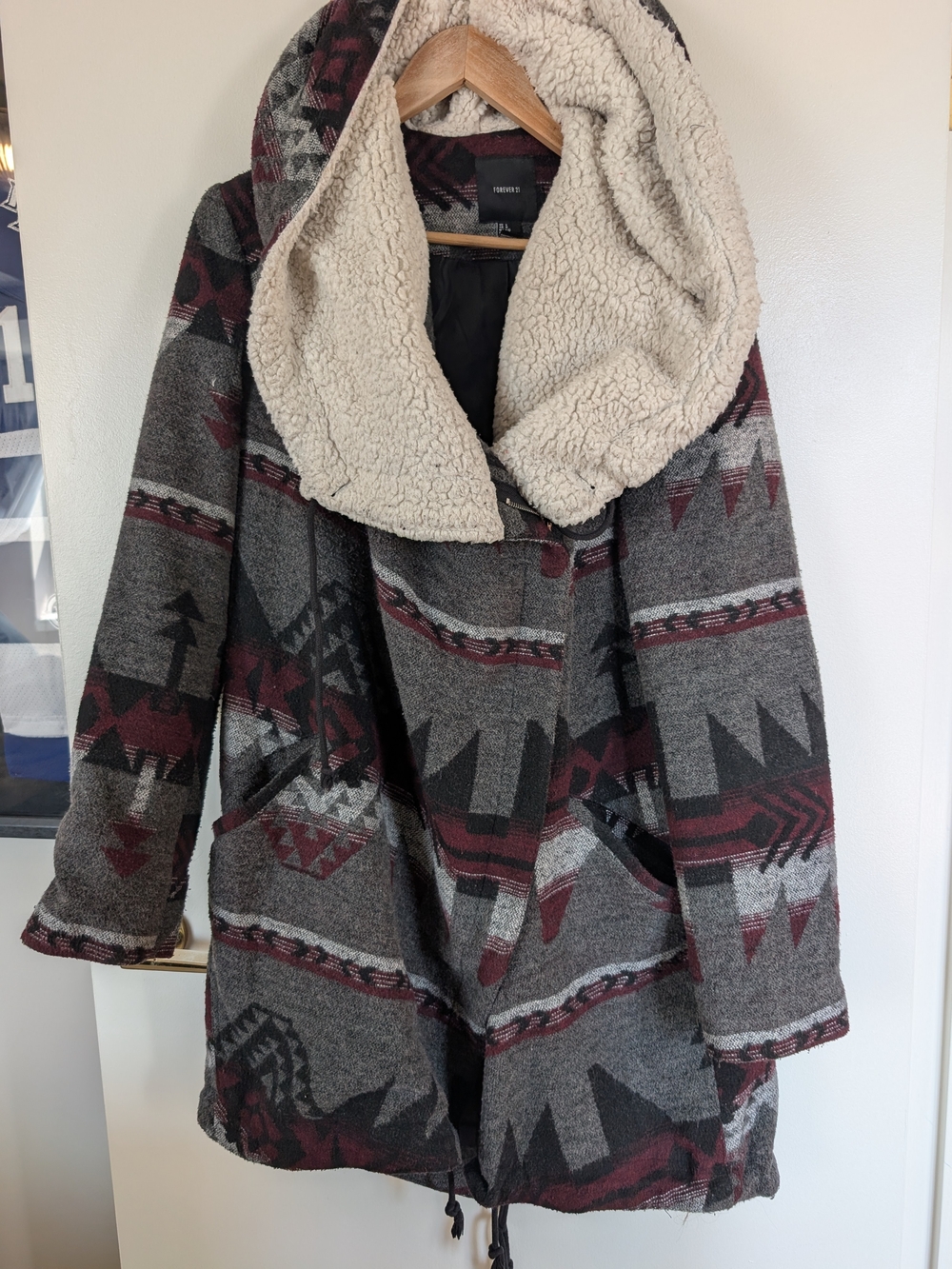 Cozy Hooded Aztec-Print Sweater Coat in Gray and Burgundy